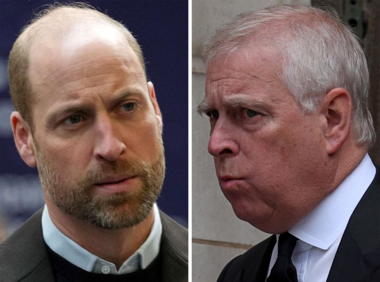 (COMBO) This combination of file photos created on February 9, 2026 shows Britain's Prince William (L), Prince of Wales during a visit to the city of Bristol, south-west England, on January 22, 2026; and Britain's then-Prince Andrew leaving following a requiem mass at Westminster Cathedral in London on September 16, 2025.