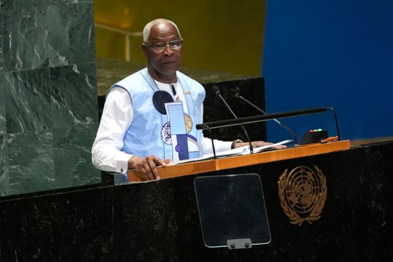 Guinea's Prime Minister Amadou Oury Bah addresses the 79th session of the United Nations General Assembly, Saturday, Sept. 28, 2024. (AP Photo/Pamela Smith)