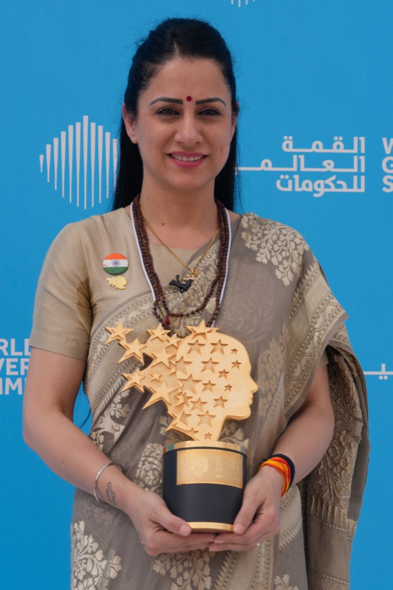 Indian teacher Rouble Nagi poses for a photograph after receiving the Global Teacher Prize at a ceremony in Dubai, United Arab Emirates, Thursday, Feb. 5, 2026. (AP Photo/Altaf Qadri)