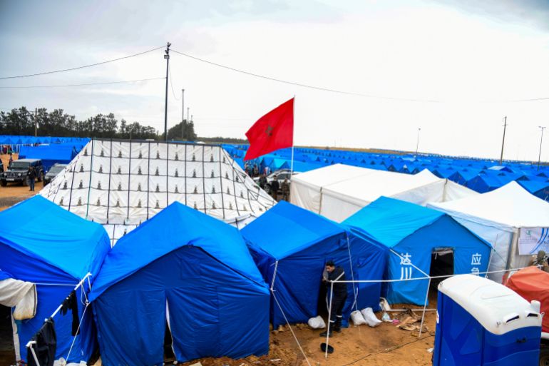 ap_698baff44aad5-1770762228 Tents are set up to shelter families threatened by flooding from the Sebou River in Oulad Slama municipality near Kenitra, Morocco, Sunday, Feb. 8, 2026. (AP Photo)