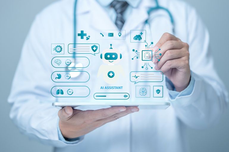 fgt6fg-1771926312 Healthcare Chatbot and Medical technology concept. A doctor using a smartphone with AI-powered healthcare chatbot icons representing medical assistance, health monitoring. online medical consultation.