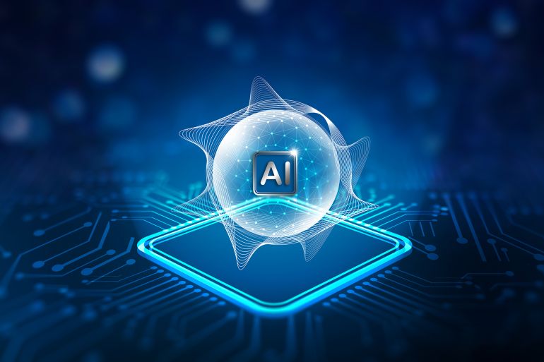 Artificial Intelligence Processor Concept with Futuristic Digital Interface. AI Chip Technology and Neural Network Visualization on Blue Circuit Board. Futuristic AI Core Processing Unit with Digital Data Sphere. Next-Generation Artificial Intelligence Computing Technology Background. AI Innovation Concept with Glowing Processor and Network Connections.