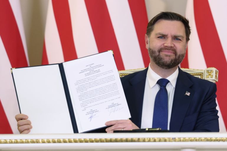 YEREVAN, ARMENIA - FEBRUARY 9: U.S. Vice President JD Vance holds a copy of 'Joint Statement on the Completion of Negotiations on an Agreement for Peaceful Nuclear Cooperation between the United States of America and the Republic of Armenia', which he and Armenia's Prime Minister Nikol Pashinyan signed, at the President's Residence on February 9, 2026 in Yerevan, Armenia. In the first visit to Armenia of a sitting U.S. vice president, Vance is meeting Armenian Prime Minister Nikol Pashinyan, who signed a deal intended to reopen key transportation routes with Azerbaijan. (Photo by Kevin Lamarque-Pool/Getty Images)