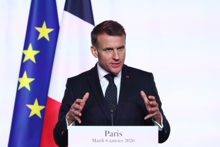 getty_698c7a5214-1770814034 PARIS, FRANCE - JANUARY 6: Emmanuel Macron President of France attends a Press Conference during the 'Coalition Of The Willing' meeting at Elysee Palace on January 6, 2026 in Paris, France. Leaders from around 30 countries are gathering in Paris to discuss military support for Ukraine, amid ongoing negotiations on a US-brokered peace plan to end Russia's war in Ukraine. (Photo by Tom Nicholson/Getty Images)
