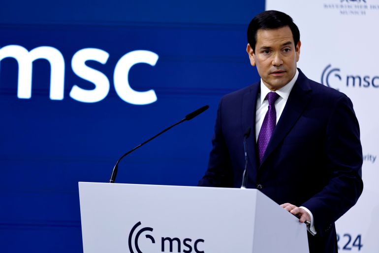 MUNICH, GERMANY - FEBRUARY 14: U.S. Secretary of State Marco Rubio delivers a key note speech at the 62nd Munich Security Conference on February 14, 2026 in Munich, Germany. The conference, which brings together government leaders, security experts and defence ministers, is taking place at a time when the traditional western political and military alliance is facing rupture due to the policies of U.S. President Donald Trump. (Photo by Johannes Simon/Getty Images)
