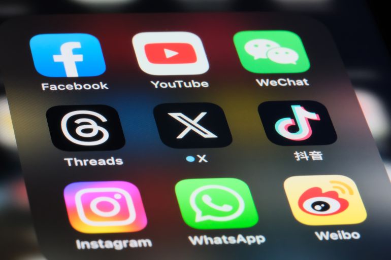 Shanghai,China-July 30th 2023: X (new Twitter), Threads, Facebook, YouTube, Instagram, WeChat, WhatsApp. Douyin(TikTok) and Sina Weibo app icons. Assorted online social media software brands