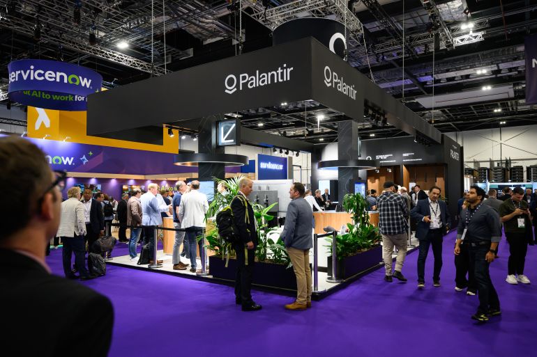 LONDON, ENGLAND - SEPTEMBER 10: A general view of the Palantir exhibition stand on day two of the Defence and Security Equipment International (DSEI) on September 10, 2025 in London, England. The DSEI hosts defence equipment manufacturers from around the world at a 4-day exhibition in London. During the event, anti-war protesters gathered outside the perimeter, in the hope of disrupting proceedings. (Photo by Leon Neal/Getty Images)