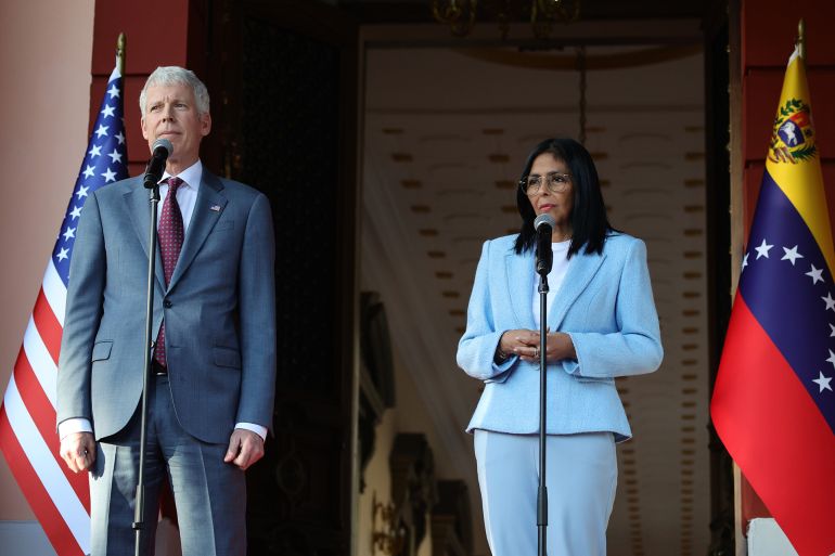 CARACAS, VENEZUELA - FEBRUARY 11: (L-R) U.S. Energy Secretary Chris Wright and Interim President of Venezuela Delcy Rodríguez give a joint declaration after a bilateral meeting at Palacio de Miraflores, on February 11, 2026, in Caracas, Venezuela. This is the highest U.S. Government visit to Venezuela after the capture of Nicolas Maduro and his wife Cilia Flores on January 3. The U.S. Treasury Department issued a general license to facilitate the exploration and production of oil and gas in Venezuela on February 10, 2026. (Photo by Jesus Vargas/Getty Images)