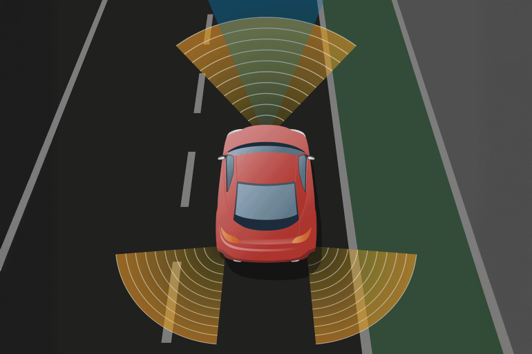 Advanced Driving Assistant System (ADAS), Blind Spot Monitoring, automobile sensing technology, top view, vector illustrationyoung female with a bad sunburn on her back
