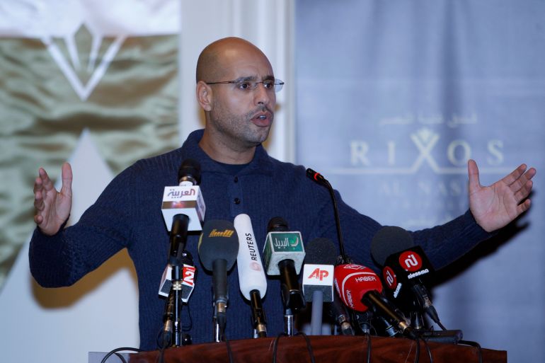 Saif al-Islam Gaddafi, the son of Libyan leader Muammar Gaddafi, speaks during a news conference in Tripoli February 25, 2011. REUTERS/Ahmed Jadallah (LIBYA - Tags: POLITICS CIVIL UNREST)