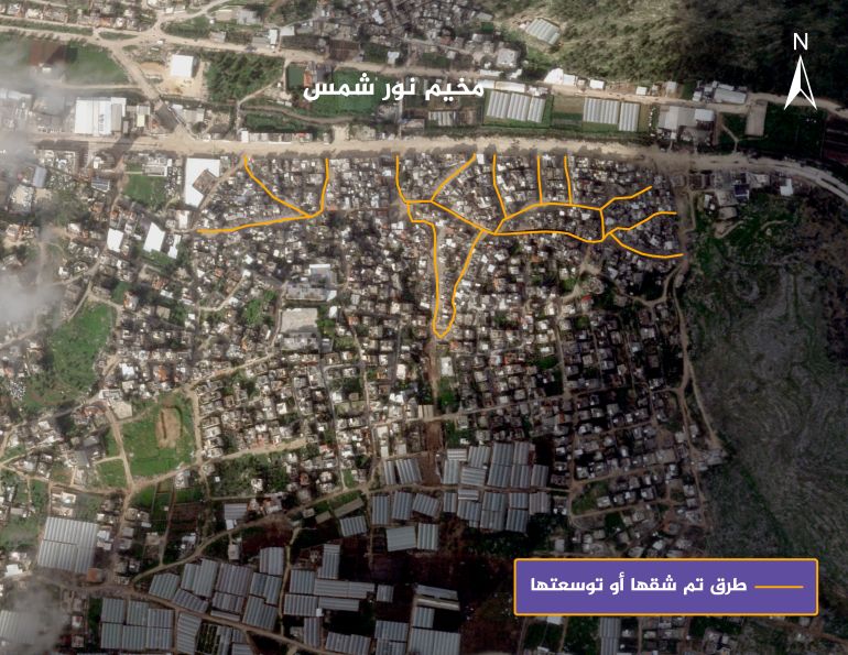جيش الاحتلال يشق طرقا في مخيم نور شمس خلال العمليات العسكرية (المصدر: الجزيرة + بلانيت لابس)