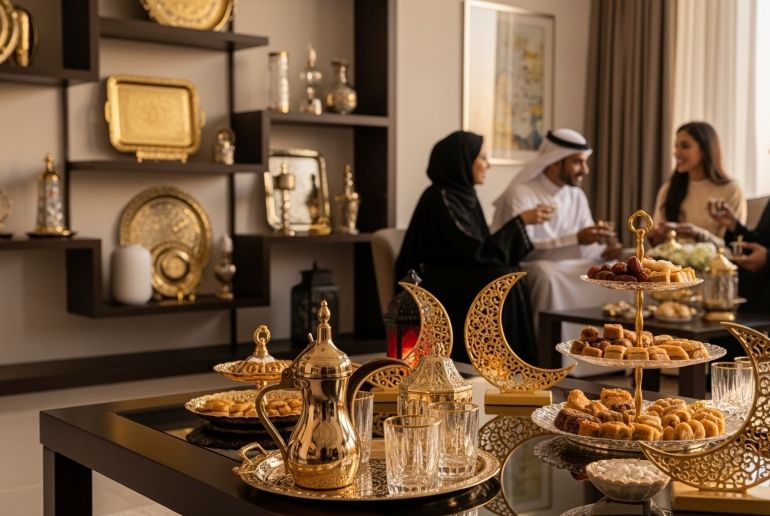 A luxurious Ramadan gathering at sunset, set in an elegant Saudi living room styled with contemporary Arabic décor. The focus is on a beautifully arranged coffee table in the foreground, decorated with an ornate dallah, crystal glassware, a 3-tier platter