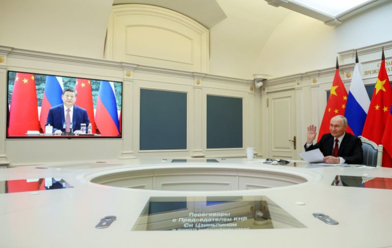 Russia's President Vladimir Putin holds talks with China's President Xi Jinping via video link from Moscow, Russia, February 4, 2026. Sputnik/Vyacheslav Prokofyev/Pool via REUTERS ATTENTION EDITORS - THIS IMAGE WAS PROVIDED BY A THIRD PARTY.