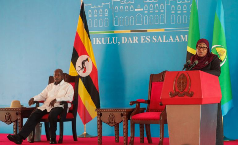 reuters_69883404-1770533892 Tanzania's President Samia Suluhu Hassan addresses a joint press conference with Uganda President Yoweri Museveni during his working visit at the State House grounds in Dar es Salaam, Tanzania February 7, 2026. REUTERS/Emmanuel Herman