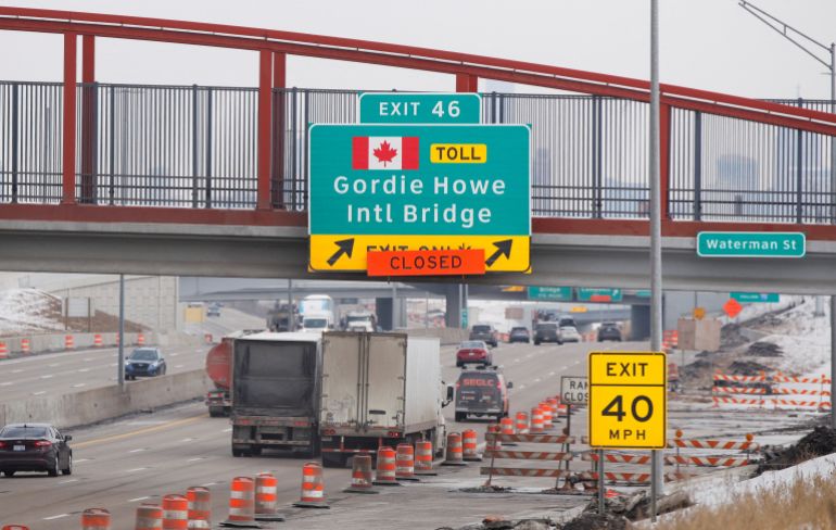 reuters_698c2232-1770791474 An exit sign for the Gordie Howe International Bridge linking Detroit to Windsor, Ontario, Canada, hangs on a freeway in Detroit, Michigan, U.S., February 10, 2026. REUTERS/Rebecca Cook
