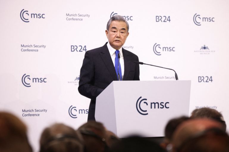 China's Foreign Minister Wang Yi speaks during the Munich Security Conference (MSC) in Munich, Germany, February 14, 2026. REUTERS/Liesa Johannssen