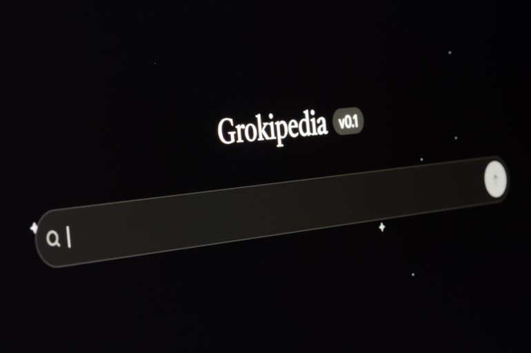 Grokipedia v0.1 search interface on a dark laptop screen with query bar and magnifier icon, concept of AI-generated encyclopedia by xAI. Stafford, United Kingdom, October 31, 2025