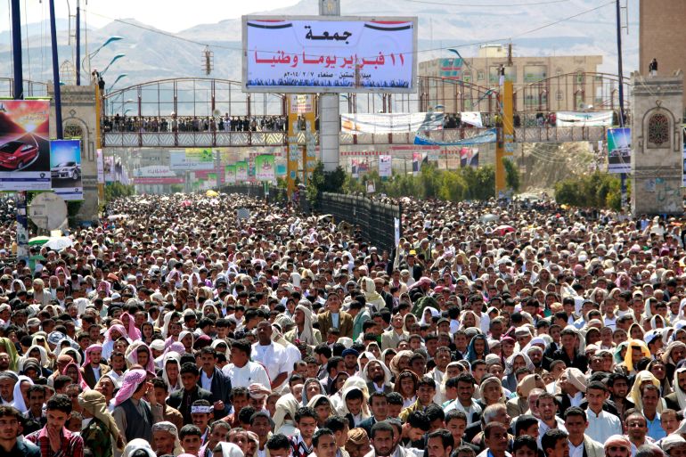 yemeni-protesters-4-1770030372 SANAA, YEMEN - FEBRUARY 7: Thousands of Yemeni citizens gather at Sittin square in the capital, Sana'a to commemorate the third anniversary of their revolution in Sana'a, Yemen on February 7, 2014. The Yemeni revolution was a series of major protests, political tensions, and armed clashes taking place in Yemen, which began in 2011 and were influenced by concurrent protests in the region. (Photo by Sinan Yiter/Anadolu Agency/Getty Images)