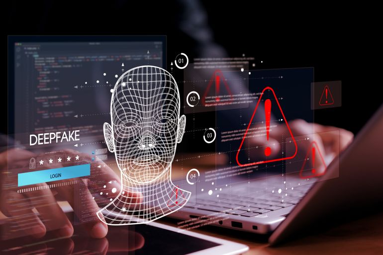 Deepfake concept ,Facial tracking, detection and recognition technology, Security system. Cyber security and Security password login online concept.