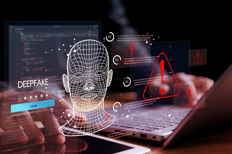 Deepfake concept ,Facial tracking, detection and recognition technology, Security system. Cyber security and Security password login online concept.