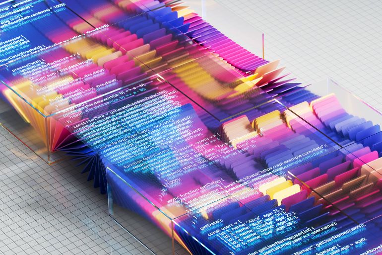 Transparent panels displaying programming code create a visually engaging representation of data flow and digital transformation, symbolizing the power of machine learning and AI