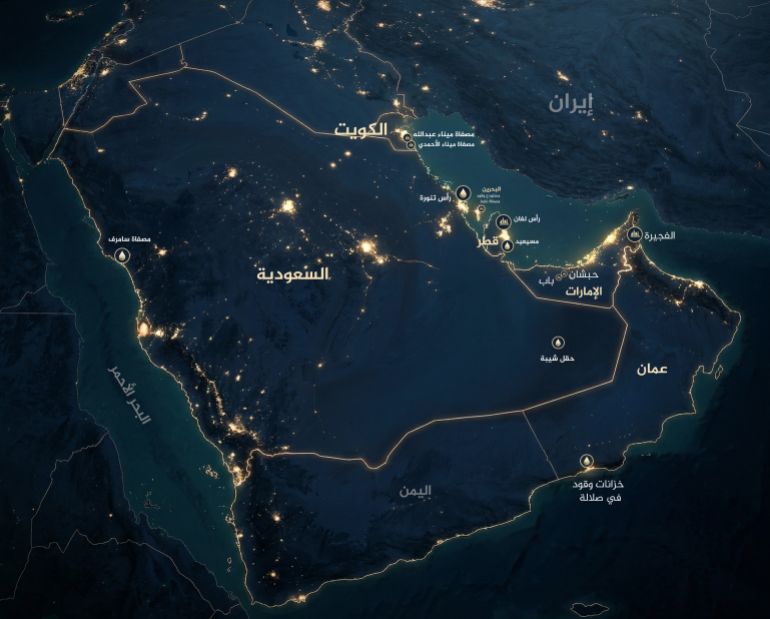 121212-1774867357 تصميم خاص - خريطة توضح أماكن مصافي النفط التي استهدفتها إيران في الشهر الأول من الحرب