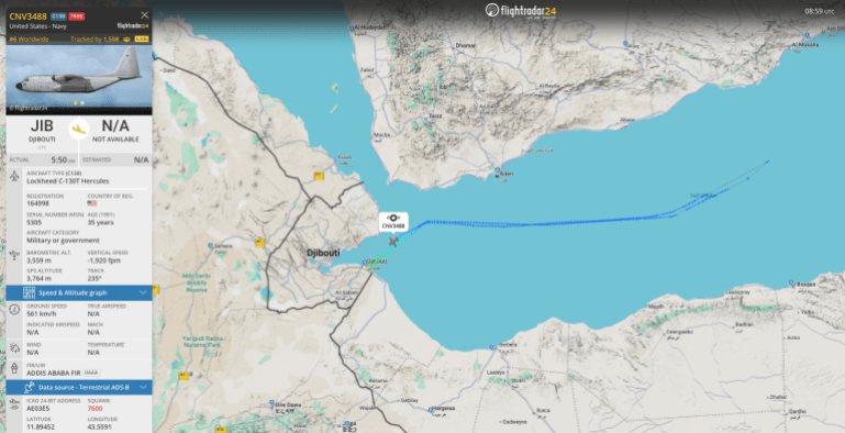 بيانات ملاحية لطائرة عسكرية أمريكية أعلنت إشارة طوارئ فوق خليج عدن - فلايت رادار
