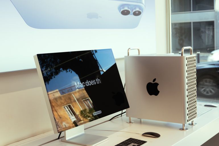 Nicosia, Cyprus - October 12, 2024: Close-up of a Mac Pro computer showcasing the Apple logo in store in Nicosia, Cyprus. Apple is an American technology company