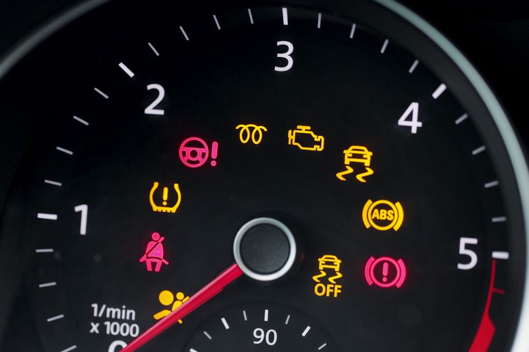 56rtfg-1774020858 Many different car dashboard lights with warning lamps illuminated. Light symbol that pops up on dashboard when something goes wrong with the engine by uflypro @ادوبي ستوك