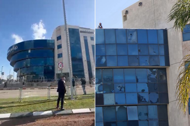 مقر الشركة الأمنية الإسرائيلية الذي أصيب في القصف الصاروخي بتل أبيب @arabworld301news