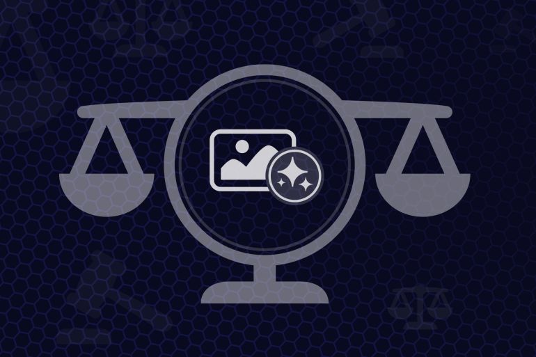 AI Image Rights and Media Law Scales of Justice Background with Photo Icon AI Sparkles Vector and Copy Space by sh99 @ادوبي ستوك