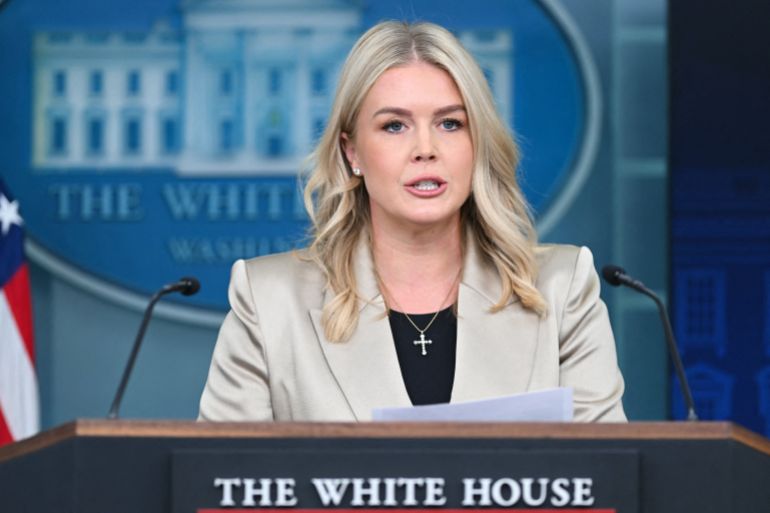 White House Press Secretary Karoline Leavitt speaks during the press briefing in the Brady Briefing Room of the White House in Washington, DC, on October 3, 2025. (Photo by SAUL LOEB / AFP)