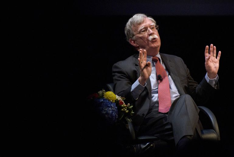 DURHAM, NC - FEBRUARY 17: Former National Security Advisor John Bolton discusses the "current threats to national security" during a forum moderated by Peter Feaver, the director of Duke's American Grand Strategy, at the Page Auditorium on the campus of Duke University on February 17, 2020 in Durham, North Carolina. A sold out crowd joined to listen to reflections from John Bolton's life's work. Questions from the audience were offered to Bolton by the moderator. A scheduled protest was held outside while attendees lined up for entrance. Melissa Sue Gerrits/Getty Images/AFP (Photo by Melissa Sue Gerrits / GETTY IMAGES NORTH AMERICA / Getty Images via AFP)