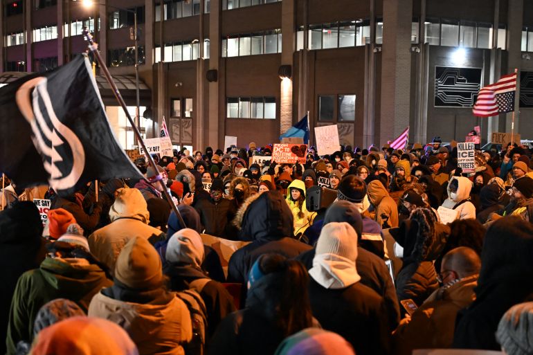 afp_6975aa205233-1769318944 People protest in front of the Immigration and Customs Enforcement (ICE) headquarters in downtown Washington, DC, on January 24, 2026 following the deadly shooting of a man by federal immigration officers earlier in the day in Minneapolis, Minnesota.