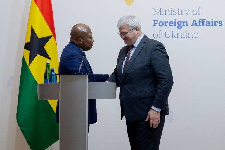 Ukraine's Minister of Foreign Affairs Andrii Sybiga (R) shakes hands with Republic of Ghana's Minister of Foreign Affairs Samuel Okudzeto Ablakwa (L) during a press conference in Kyiv on February 25, 2026, amid the Russian invasion of Ukraine. (Photo by Tetiana DZHAFAROVA / AFP)