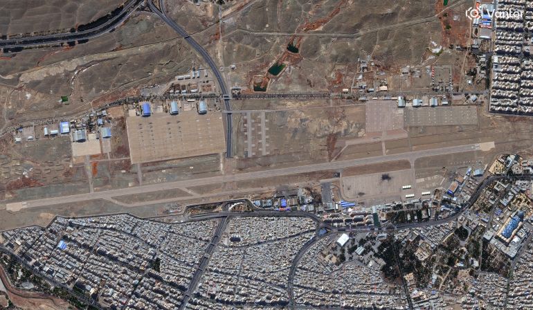 This handout satellite image courtesy of Vantor shows an overview of Isfahan airport in central Iran on March 8, 2026, following an airstrike.