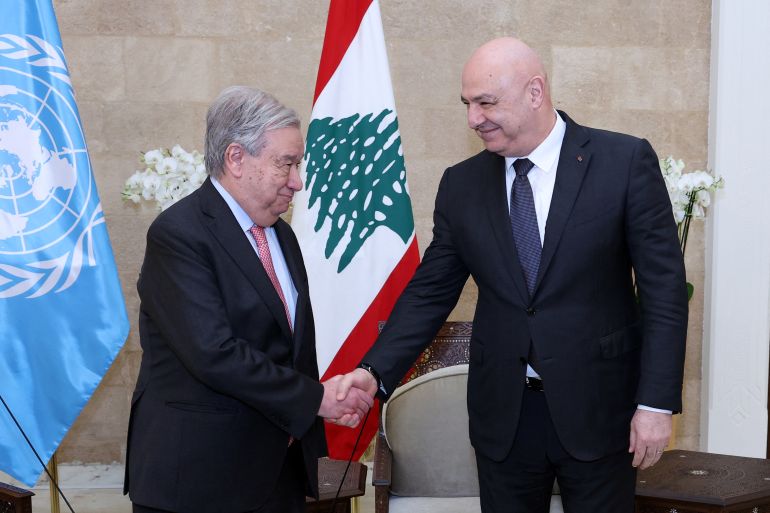 afp_69b41a6294c0-1773410914 This handout photograph released by the Lebanese Presidency Press Office shows Lebanon's President Joseph Aoun (R) receiving United Nations Secretary General Antonio Guterres (L) at the Presidential Palace in Baabda, east of Beirut, on March 13, 2026.