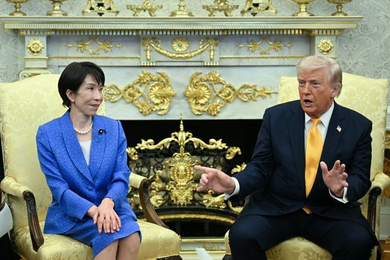 US President Donald Trump meets with Japan's Prime Minister Sanae Takaichi in the Oval Office of the White House in Washington on March 19, 2026. (Photo by Jim WATSON / AFP)