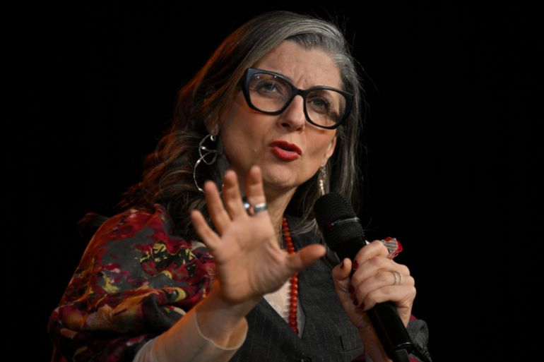 UN Special Rapporteur for the Palestinian Territories occupied since 1967, Francesca Albanese gestures as she speaks during a public event hosted by the Olof Palme International Center in Belgrade on March 17, 2026.