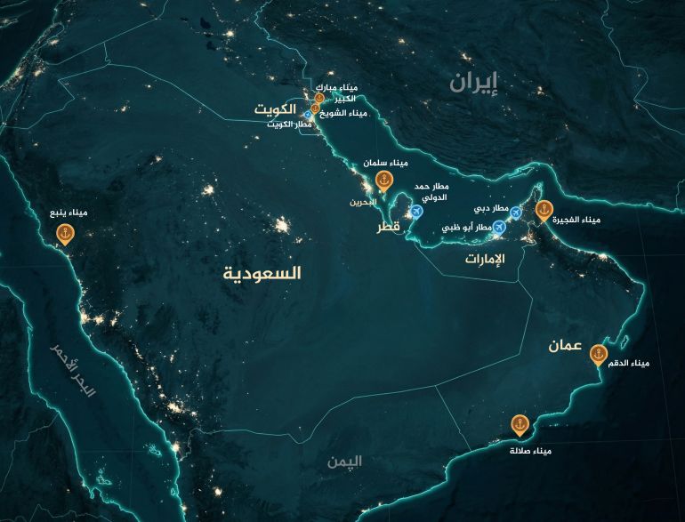 airbase-1774867360 تصميم خاص - خريطة توضح أماكن المطارات والموانئ التي استهدفتها إيران في الشهر الأول من الحرب