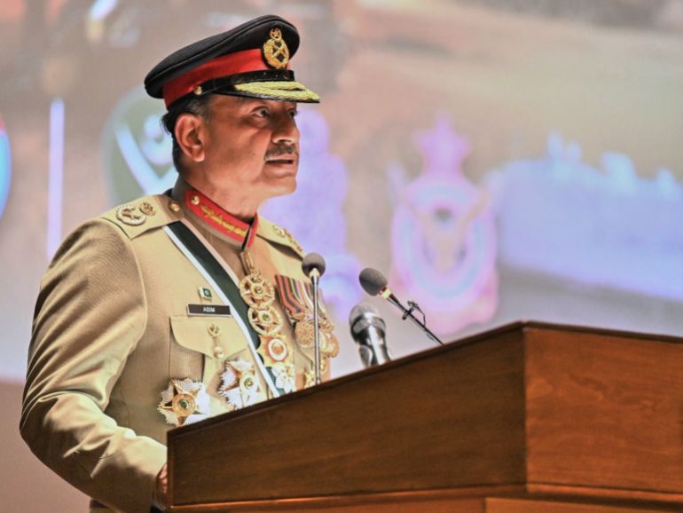 In this photo released by the Inter Services Public Relations, Pakistan's Chief of Defense Forces and Army Chief Gen. Asim Munir speaks during a ceremony at the joint military command headquarters in Rawalpindi, Pakistan, Monday, Dec. 8, 2025. (Inter Services Public Relations via AP)