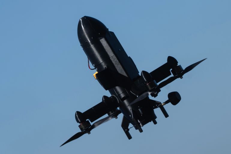 An anti-air interceptor drone designed to destroy Russian attack drones from the Ukrainian company General Cherry is seen during a demonstration in Kyiv region, Wednesday, March 11, 2026. (AP Photo/Efrem Lukatsky)