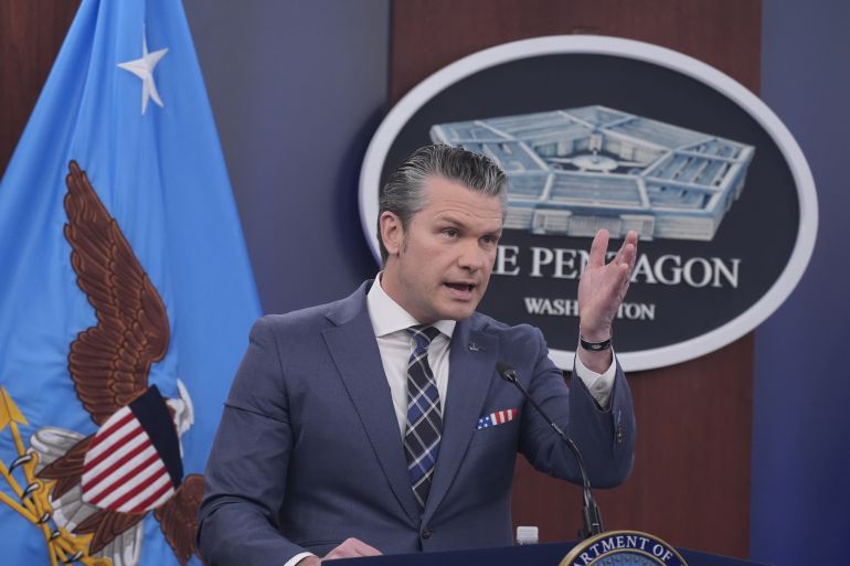 ap_69bc1f9e632db-1773936542-1 Defense Secretary Pete Hegseth speaks to members of the media during a press briefing at the Pentagon in Washington, Thursday, March 19, 2026. (AP Photo/Manuel Balce Ceneta)