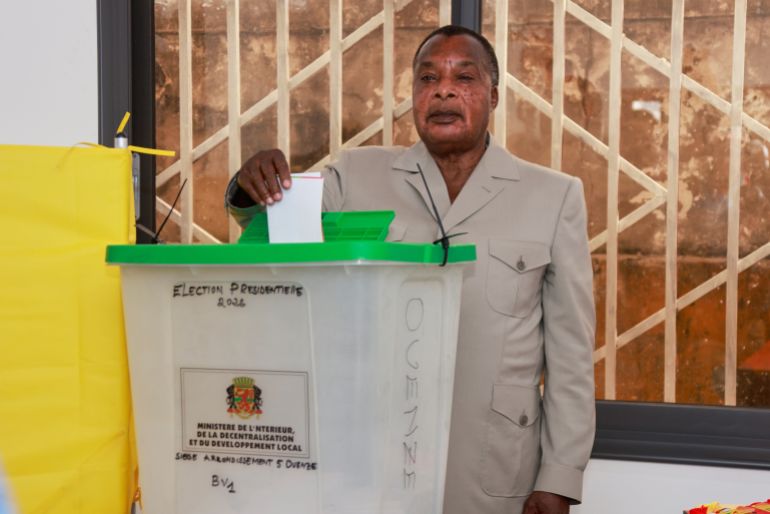 ap_69c4f42f049d7-1774515247 President of the Republic of Congo, Denis Sassou N'Guesso casts his ballot at a polling station in Brazzaville, the Republic of Congo, Sunday, March 15, 2026. (AP Photo/Vivace Mambouana)