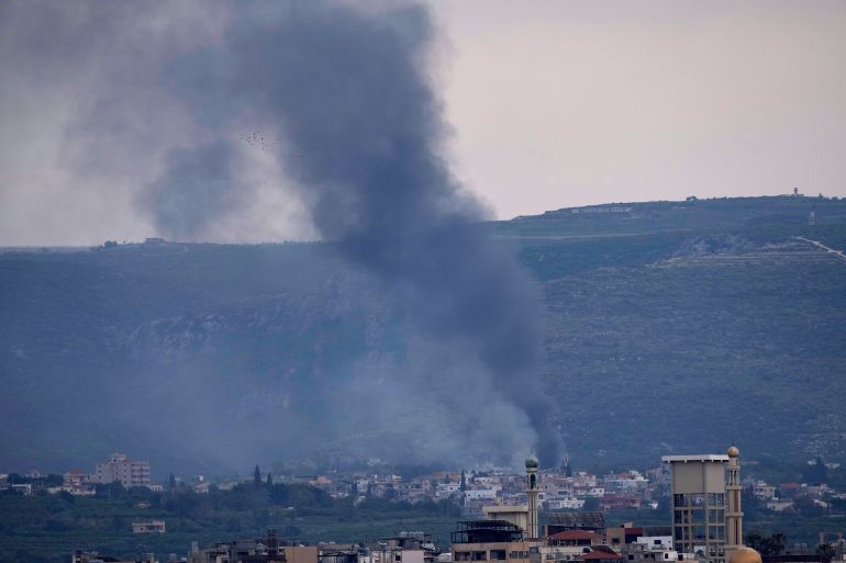 Black smoke rises from Israeli artillery shells on Qlaileh village, as it s seen from Tyre city, south Lebanon, Saturday, March 28, 2026. (AP Photo/Hussein Malla)