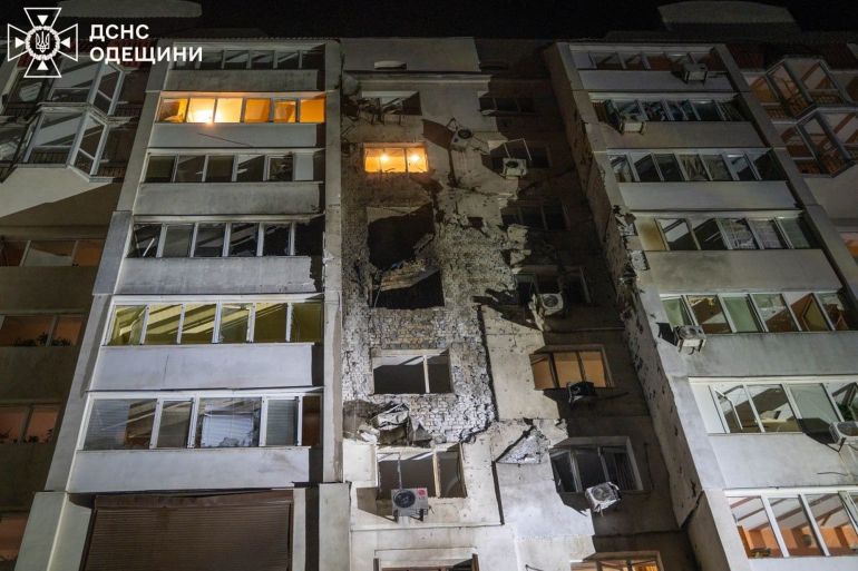 This photo provided by the Ukrainian Emergency Service shows a residential building after a Russian drone attack in Odesa, Ukraine, Saturday , March 28, 2026. (Ukrainian Emergency Service via AP)
