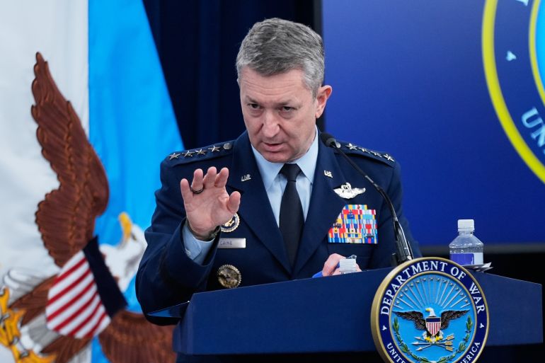 Chairman of the Joint Chiefs of Staff Gen. Dan Caine speaks to members of the media during a press briefing at the Pentagon in Washington, Tuesday, March 31, 2026. (AP Photo/Manuel Balce Ceneta)