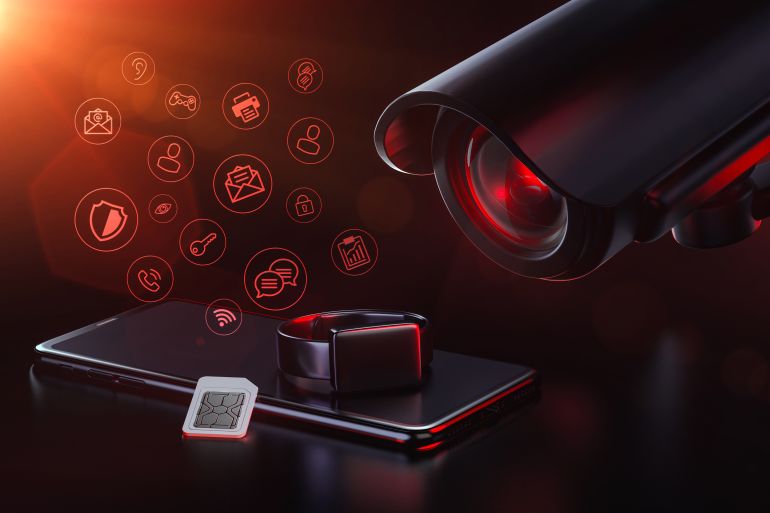 apps7-1774856620 Cctv invigilates apps and mobile data traffic. Privacy, Surveillance, Data Tracking and collecting user data concept. 3D rendering