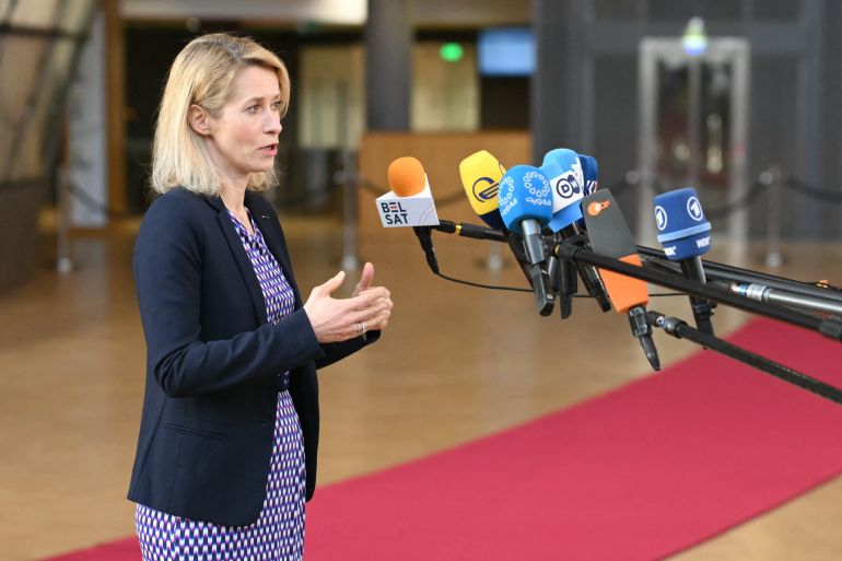 EU High Representative and Vice-President for Foreign Affairs and Security Policy, Kaja Kallas addresses the media as she arrives for a Foreign Affairs Council to discuss Russias war of aggression against Ukraine and the situation in the Middle East, in Brussels on March 16, 2026. (Photo by NICOLAS TUCAT / AFP)