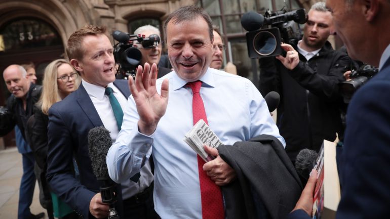 c2ce41a4-a864-47a8-af5d-82548e55c5ed LONDON, ENGLAND - JUNE 12: Leave.EU backer Arron Banks arrives with Andy Wigmore to give evidence to the fake news select committee at Portcullis House on June 12, 2018 in London, England. The Digital, Culture, Media and Sport Committee are questioning Arron Banks and Andy Wigmore, of the pro-Brexit Leave.EU, as part of its inquiry into fake news. British Newspapers have revealed a series of meetings with Russia's UK Ambassador in the lead up to the Brexit Referendum. (Photo by Dan Kitwood/Getty Images)